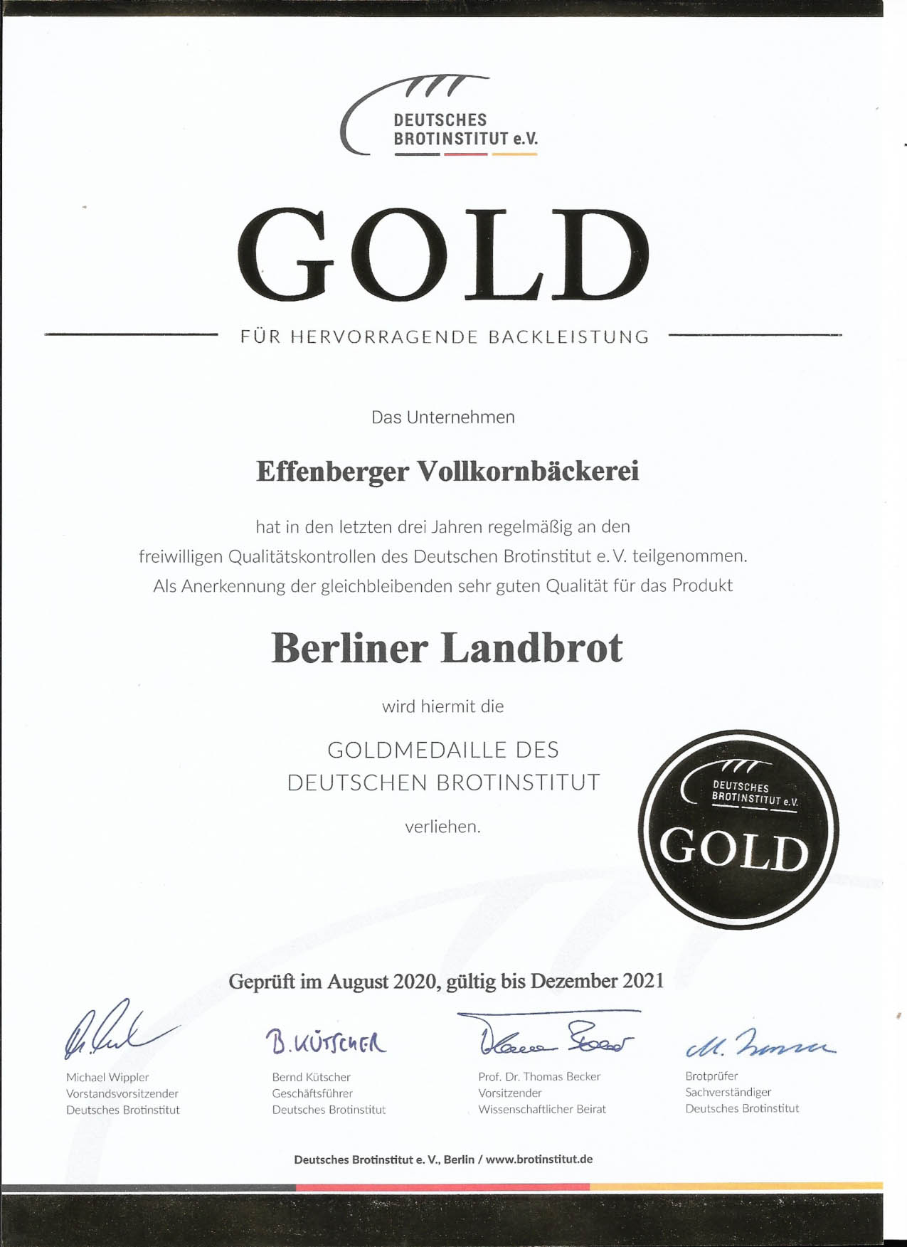 Auszeichnung des Deutschen Brotinstituts für das Effenberger Berliner Landbrot