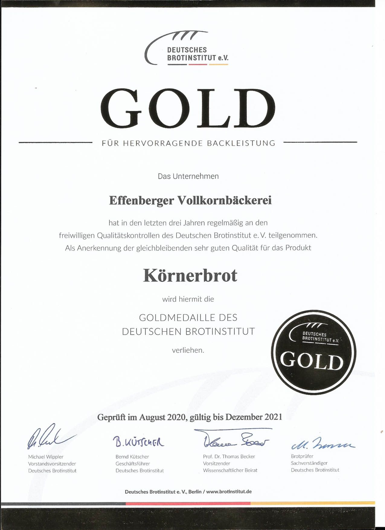 Auszeichnung des Deutschen Brotinstituts für das Effenberger Körnerbrot